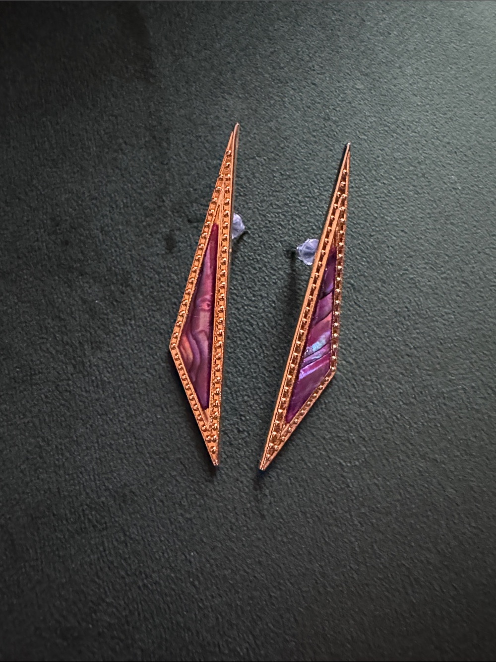 Vintage 80’s earrings. Gold coloured Geometric Purple Inlay Drop Earrings